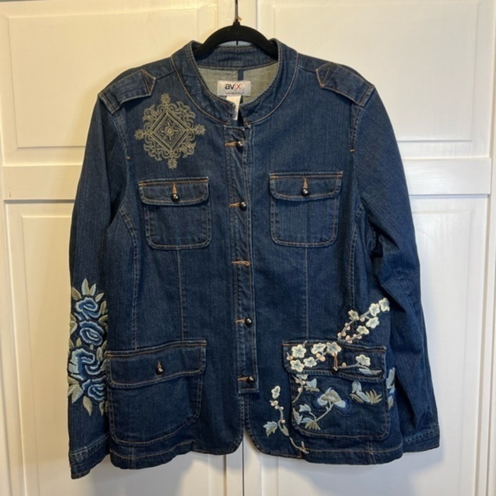 AV/X Avenue Women's Dark Blue Embroidered Jean Jacket Size Women’s 18/20